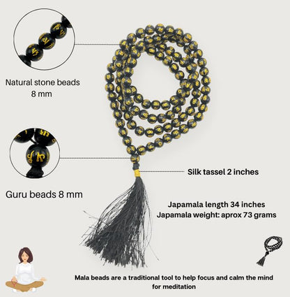 GEMSCITE Japa Mala 108 Prayer Beads Perfect for Meditation Spiritual Mala Necklace & Wrist Mala Bracelet - color: Black Agate (Om), size: Without Knots