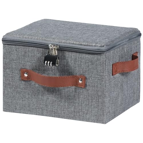 Storage Bin Box with Zipper Lid Combination Lock Cotton Linen Fabric Lidded Lockable Baskets PU Leather Handles Collapsible Washable Closet Shelf Organizer Container (Gray, Small) - color: Gray, size: Small ( Set of 1 )