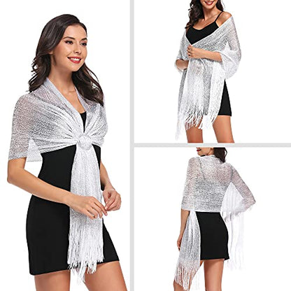 vimate Sparkling Metallic Shawls and Wraps for Evening Party/Wedding/Formal Dresses (With Free Buckle) - color: F1#. White (With Silver Buckle)