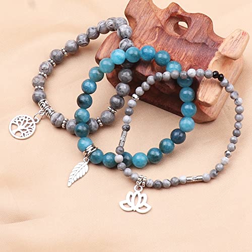 Tree of Life Yoga Healing Stone Bracelets,Multilayer Lotus Chakra Stone Reiki Bracelet Sets,Anxiety Crystal Natural Stone,for Women Stress Relief - style: Grey Map Jasper+apatite