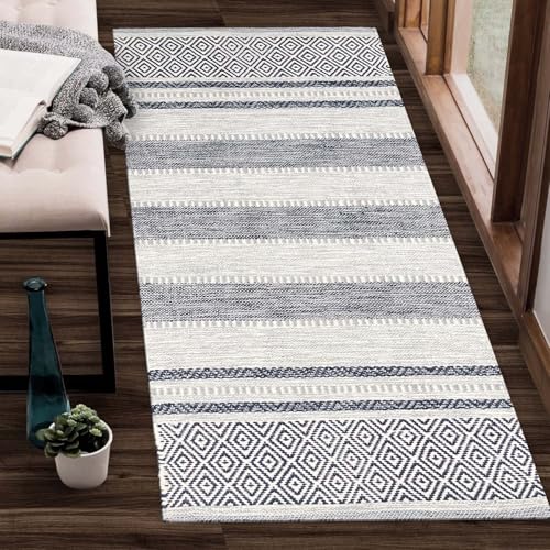 Farmhouse Rug Runner 2x6 feet Grey & Navy | Recycled Cotton Hand Woven Rug, Long Boho Rug | Perfect for Hallways, Kitchens, Bathroom, bedrooms, Meditation Yoga Mat - color: Grey-navy Blue, size: 5' x 6' (Runner)