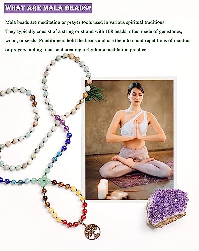 Bivei 7 Chakra 108 Mala Beads Bracelet Real Gemstone Yoga Meditation Hand Knotted Mala Prayer Bead Necklace - size: 8mm, style: Life Tree - 8mm Amazonite