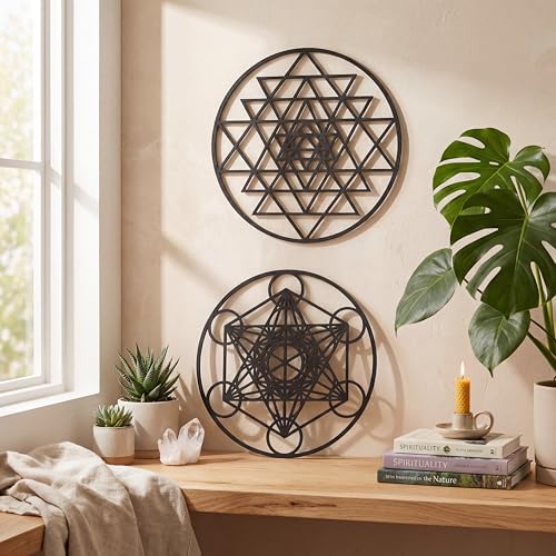 Taiyin 6 Pcs 12 Inch Wooden Sacred Geometry Wall Art Set, Zen Geometric Wall Decor for Home Meditation Room, Inspired Hanging Art with Metatron Cube, Flower of Life, Sri Yantra(Black)