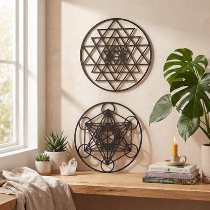 Taiyin 6 Pcs 12 Inch Wooden Sacred Geometry Wall Art Set, Zen Geometric Wall Decor for Home Meditation Room, Inspired Hanging Art with Metatron Cube, Flower of Life, Sri Yantra(Black)
