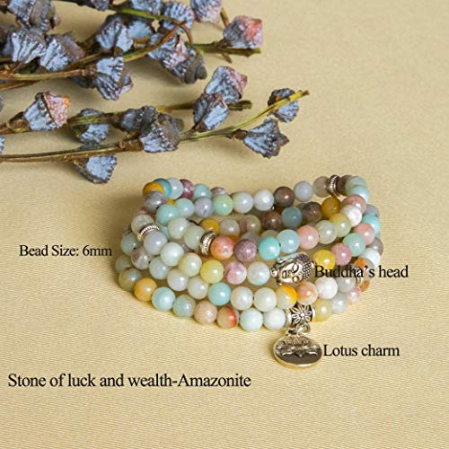 Bivei 108 Mala Beads Necklace Long Beaded Wrap Bracelets Genuine Gemstone Mala Prayer Beads Lotus Buddha Charm Yoga Meditation Necklace - color: Amazonite-Lotus OM-Buddha