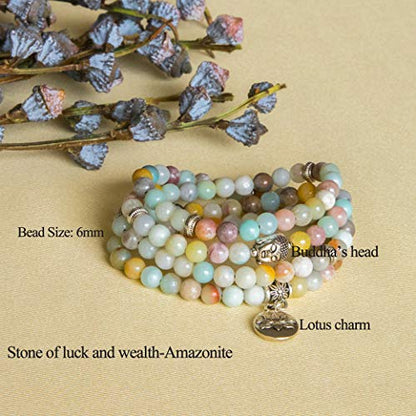 Bivei 108 Mala Beads Necklace Long Beaded Wrap Bracelets Genuine Gemstone Mala Prayer Beads Lotus Buddha Charm Yoga Meditation Necklace - color: Amazonite-Lotus OM-Buddha