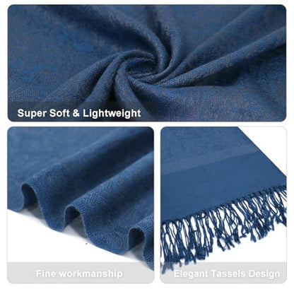 Silky Paisley Pashmina Shawl Scarf-Women's Soft Double-side Jacquard Pashminas Wrap for Evening Dress Travel Shawl - color: A-blue