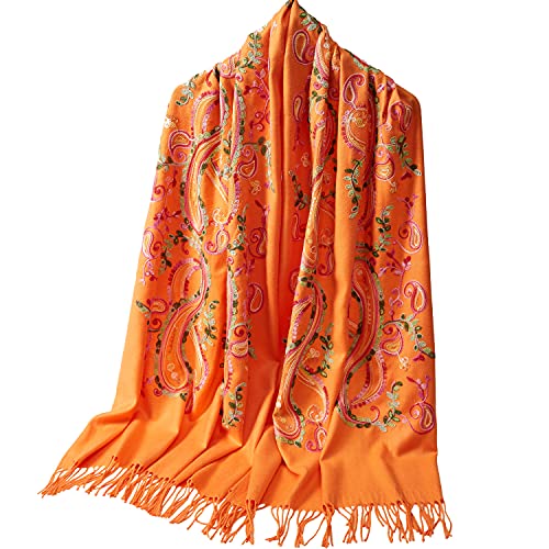 Embroidered Brushed Shawl Paisley Leaves Pattern Scarf Soft Ponchos Wrap Cape With Fringes - color: 09-orange