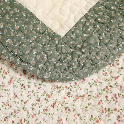 vctops 100% Cotton Quilted Throw Blanket 50x60 Inch Floral Embroidered Reversible Patchwork All Season Throw (Green A,50"x60") - color: Green a