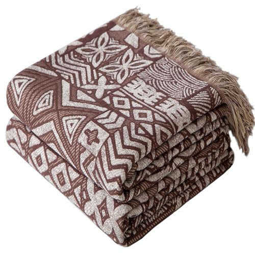 Phuryllic Boho Throw Blanket Full Size, Extra Large Soft Cozy Cotton Muslin Quilt Blanket for Bed Decor, Patchwork Block Couch Sofa Chair Cover, Vintage Farmhouse Cottage Woven Blanket, Brown&White - color: Twilight Bloom, size: 80" x 90"
