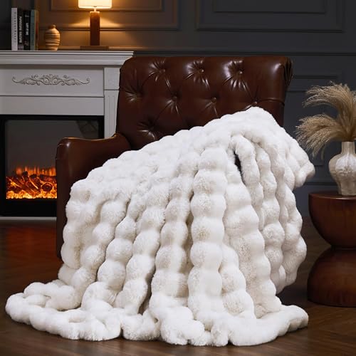 Faux Fur Throw Blanket for Couch, Fluffy Fuzzy Plush Bubble Blanket, Soft Warm Cozy Shaggy Rabbit Blanket, Luxury Decorative Gifts for Sofa Bedroom Living Room, 90x90inch (Beige) - color: Beige, size: 90x90inch