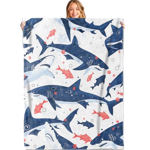 Cartoon Shark Throw Blanket, 50x60in, Soft, Lightweight Flannel,Navy Blue and Red Fish Print on White Blankets, Gifts for Kids, Boys, for Ocean Home Living Room Decor - color: Shark, size: 50x60in