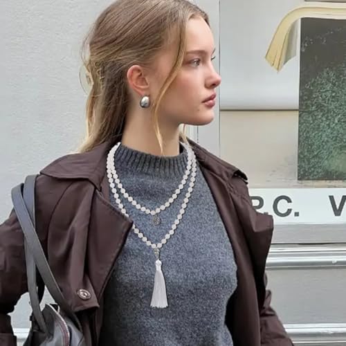 108 Mala Beads Necklace Semi-Precious Gem Stones Meditation Necklace 108 Hand Knotted Japa Mala Beaded Tassel Necklace with Tree of Life Pendant - color: White Marble