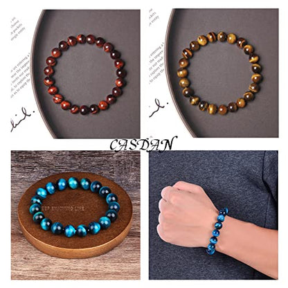 CASDAN 12PCS 8mm Semi-Precious Gemstones Beaded Bracelets for Men Women Tiger Eye Lava Rock Crystal Stone Bead Bracelets Set