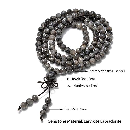 AD Beads 6mm Natural Healing Gemstones Buddhist 108 Prayer Mala Stretchy Bracelet Necklace - color: Larvikite Labradorite