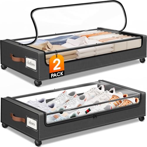 SpaceHacks Under Bed Storage with Wheels 2Pack Storage Containers with Clear Window&Label Under Bed Drawers Rolling Under Bed Storage for Clothes,Shoes, Blankets (30.71 x 16.93 x 6.69 in, Dark Grey) - color: Dark Grey, size: 2 pack