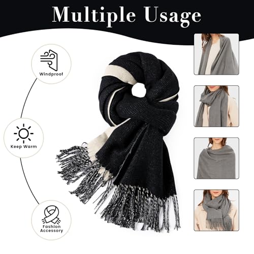 maamgic Womens Scarf Large Pashmina Shawls and Wraps Light Blanket Scarf for Evening Dress Warm Daily Travel Office - color: Black and Grey