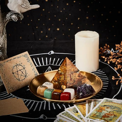 CREATCABIN Hexagram Tarot Altar Plate Ritual Burning Candle Holder Aromatherapy Tray Bowls Offering Incense Ceremony Plate with Altar Card Home Decor for Witchcraft Wiccan Wedding Golden 5.55 Inch - style: Hexagram