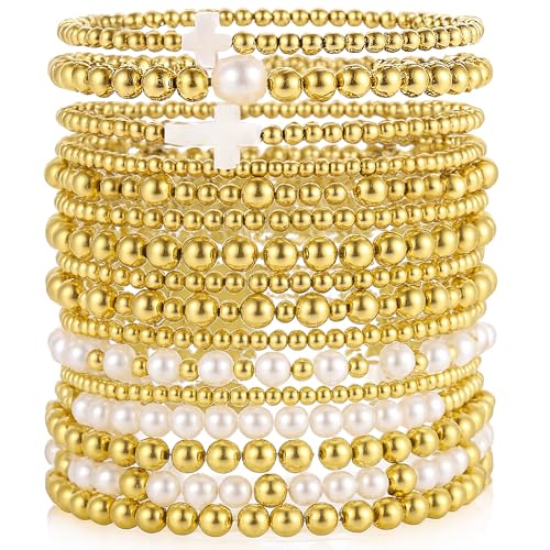 16 PCS Gold Bead Pearl Bracelet for Women, Gold Plated Beaded Strand Bead Ball Bracelets stack Adjustable Jewelry Set for Gifts - color: 01-GOLD