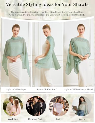 Chiffon Cape Shawl Wrap Scarf 3 Ways to Wear Elegant Sheer Capelet for Evening Dresses Weddings Parties - color: Dusty Sage