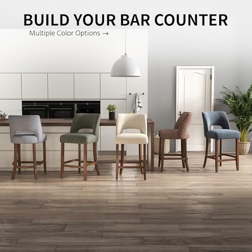 VKNOW Bar Stools Set of 2, 26" Upholstered Counter Height Bar Stools, Modern Counter Stools with Wood Legs for Kitchen Island Dining Room Bar, Green