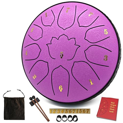 Rain Drum for Outside & Garden – 6.5-Inch Steel Tongue Drum, 11 Notes with Soft Bag, Music Book, and Mallets – Ideal for Meditation, Yoga, Relaxation, Sound Therapy, Musical Education – by VESYMAN - color: Lavender Purple, size: 6.5 Inch 11 Notes