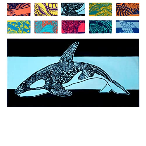 Nova Blue Orca Beach Towel (34 X 63) – Navy & Blue Colorway with Tropical Whale Design Travel Beach Towels Made from 100% Cotton – Vibrant Colorful Blanket Towel – Extra Large - color: Orca