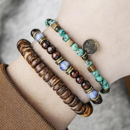 Puka Shell Bracelet for Men Wooden Bracelets Turquoise Stack Beaded Minimalist Trendy Jewelry for Friend Gift - style: 3pcs-Coin