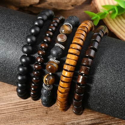 Long tiantian Beaded Bracelets for Men Wooden Bead Bracelets Stackable Layered Stretch Bracelet Trendy Wooden Jewelry Gift for Men - color: D-Bead Bracelets