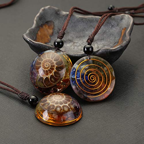 Jovivi 7 Chakra Gemstone Reki Healing Crystal Necklace Round Circle Shape Ammonite Fossil Resin Chip Stones Pendant Necklace for Women Men Life Tree Jewelry Christmas Gifts - color: Ammonite Fossil - 7 Chakra