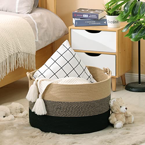 KAKAMAY Large Blanket Basket (20"x13"),Woven Rope Baskets for storage Baby Laundry Hamper, Cotton Rope Blanket Basket for Living Room, Laundry, Nursery, Pillows,Baby Toy chest (Jute/Black) - color: Black
