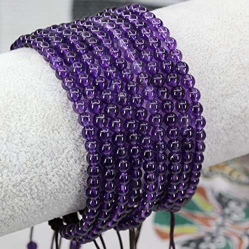 Keleny Natural Gemtones 4mm Round Beads Crystal Adjustable Braided Macrame Tassels Bracelets Unisex - color: Purple A Grade Amethyst