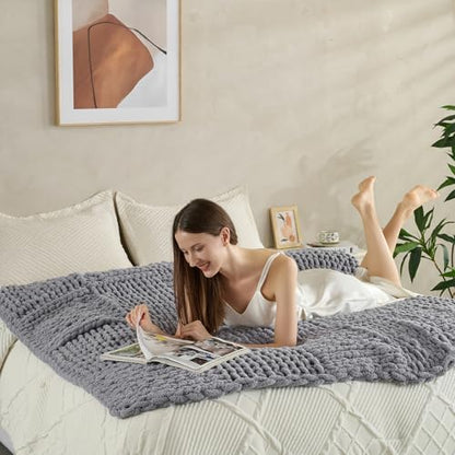 Chunky Knit Blanket Throw 50x60 Inches,Handmade Cable Knit Crochet Blanket,Cozy Lightweight All Season,Wrinkle-Resistant Polyester for Couch Bed Sofa Reading Nook,Grey - color: Grey