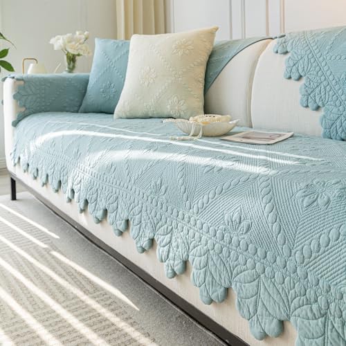 Cotton Quilted Dog Couch Cover for Sofa Farmhouse Rustic Embroidery Sectional Couch Cover Soft Anti-Slip Sofa Slipcover Furniture Protector for Kids, Pets (Blue,28"x35") - color: Blue, size: 28"x35"/Armrest or Backrest Cover