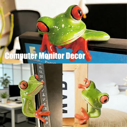 2 PCS Funny Resin Frogs Decor, 3D Creative Craft Frog Gifts Cute Frog Figurine Computer Monitor Plant Pot Office Desk Decor Personalized Car Dashboard Decorations Rearview Mirror Accessories