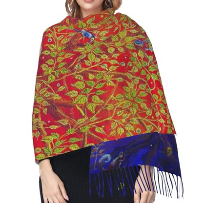 Sacred Bodhi Tree Of Life Themed Eastern Ancient Growth Ethnic Artwork Print Women'S Faux Cashmere Tassel Shawl Warm Soft Poncho Scarf Oversized Blanket Scarf For Fall Winter