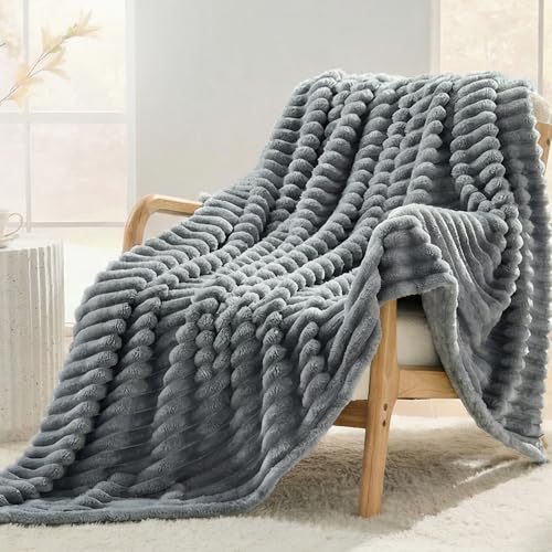 Gray Striped Throw Blanket, 330GSM Soft Plush Fleece Blanket for Couch Sofa Bed, Decorative Cozy Giftable Home Blanket, 50x70 Inches - color: Grey, size: Throw XL(50"x70")