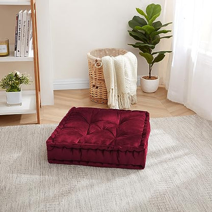Floor Pillow Large Square Tufted Decorative Cushion 20" x 20" Faux Velvet Fabric Ultra Thick Fill for Kids and Adults, 1 Pack, Burgundy Red