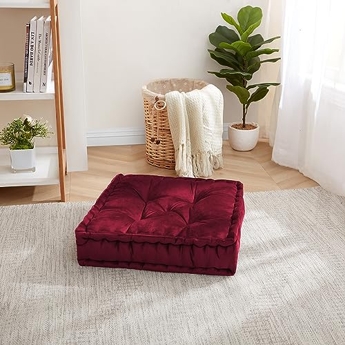 Floor Pillow Large Square Tufted Decorative Cushion 20" x 20" Faux Velvet Fabric Ultra Thick Fill for Kids and Adults, 1 Pack, Burgundy Red