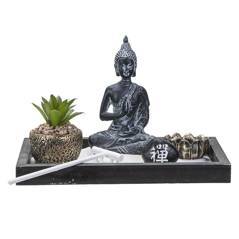 Pacific Giftware Meditation Zen Garden Set with Buddha Statue Artificial Succulent Plant Tea Light Candle Holder White Sand Decorative Wood Display Tray 12" x 3"