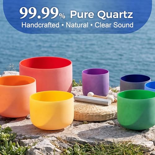 432HZ 6''-12'' Set of 7 Colored Crystal Singing Bowl Set Crystal Sound Healing Frosted Chakra Quartz bowls with 2 Case Bags and Rubber Mallets