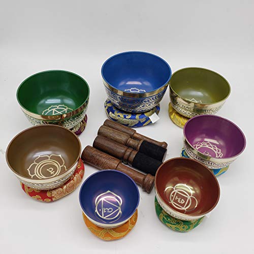 Khusi Tibetan Singing Bowl Set of 7, Handmade, 7 Colors, Chakra Healing, Relaxation, Stress Relief, Comes with Silk Cushions, 4 Sticks and Brocade Box