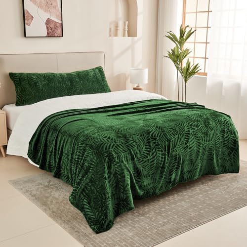 Super Soft Flannel Fleece Throw Blanket, Lightweight Cozy Warm Leaves Textured Plush Blanket for Bed Couch Sofa, 50 x 60 Inches, Olive Green - color: Olive Green, size: 50x60 IN