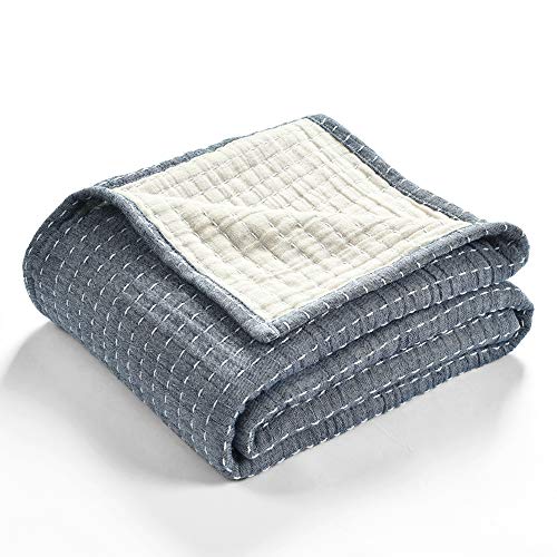 Lush Decor Solid Kantha Pick Stitch Cotton Throw Blanket 50" W x 60" L Navy & Off White - Blue Throw Blanket for Bed - Textured Soft Couch Blankets