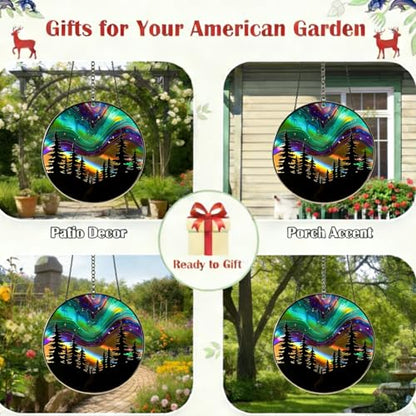 Aurora Forest Stained Glass Suncatcher – Northern Lights Window Hanging, Handmade Round Sun Catcher for Bedroom, Meditation Room, Nature Lover Gift & Winter Home Decor