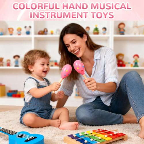 2 Pcs Maracas, 9 Inch Hand Percussion Rattles, Wooden Rumba Shaker Hand Musical Instruments with Clear Rhythm for Music Leraning (Pink Dot-9 Inch) - color: Pink Dot-9 Inch