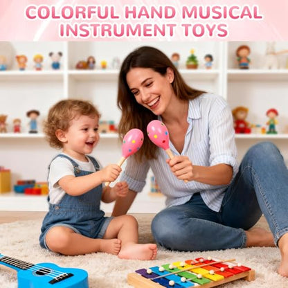 2 Pcs Maracas, 9 Inch Hand Percussion Rattles, Wooden Rumba Shaker Hand Musical Instruments with Clear Rhythm for Music Leraning (Pink Dot-9 Inch) - color: Pink Dot-9 Inch