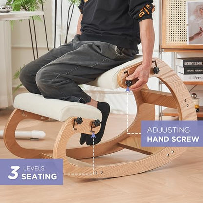 Ergonomic Kneeling Chair, Adjustable Rocking Knee Chairs for Home Office, Wooden Office Knee Chair for Back Pain Relief, Beige