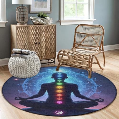 Modern Round Area Rug, Non-Slip Machine Washable Kitchen Office Circle Rug, Room Sofa Yoga Soft Round Carpet Compatible with Nine Chakra Yoga Meditation Lotus Blue Mandala 36inch(90cm) - color: Color479, size: 36inch(90cm)