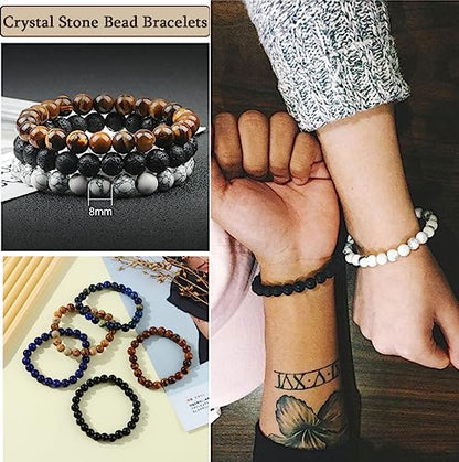 FIRAZIO 12Pcs 8mm Gemstones Beaded Stretch Bracelet for Women Crystal Stone Bracelets Round Beads Semi-Precious Stretch Bracelet Set Unisex